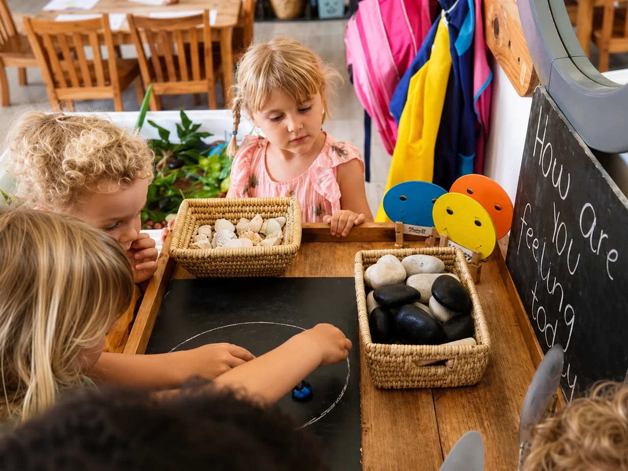 Children exploring shells, stones and feelings at the discovery table