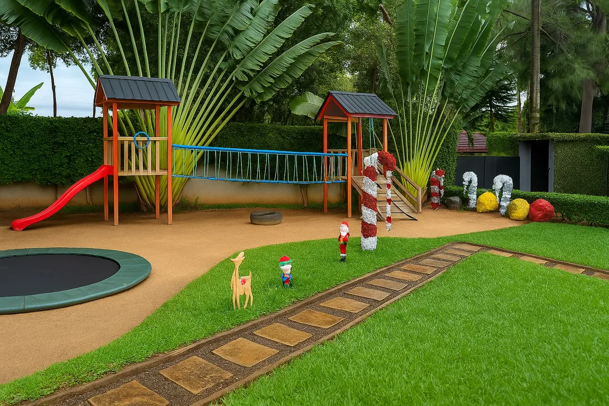 Outdoor playground with slide and trampoline at The Little Nest